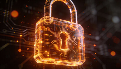 Glowing digital padlock cyber security data protection blockchain quantum circuit encryption firewall secure network neon 