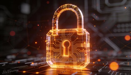 Glowing digital padlock cyber security data protection blockchain quantum circuit encryption firewall secure network neon 