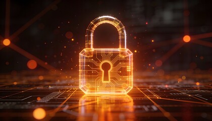 Glowing digital padlock cyber security data protection blockchain quantum circuit encryption firewall secure network neon 