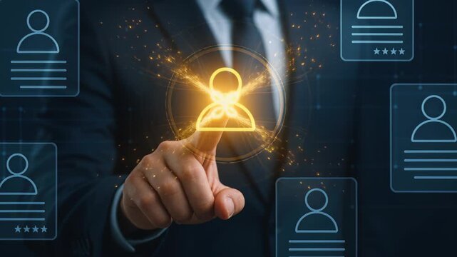 Selecting the Candidate: A finger hovers over a glowing icon representing a candidate, set against a backdrop of potential profiles, symbolizing the crucial stage of selection process.