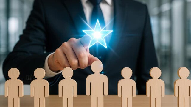 Success Selection: An executive hand selects one individual to represent achieving the star in career with the other members as a background, representing goal and high performance.