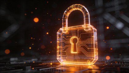 Glowing digital padlock cyber security data protection blockchain quantum circuit encryption firewall secure network neon 