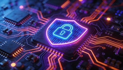 glowing holographic shield on a neon-lit circuit board with microchips and circuitry, evoking futuristic digital protection and a secure vigilant atmosphere