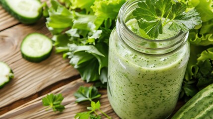 Fresh Green Vegetable Smoothie in Glass Jar with Leaf Garnish on Wooden Surface