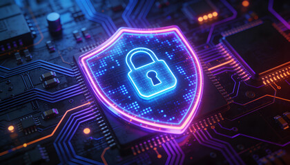 glowing holographic shield on a neon-lit circuit board with microchips and circuitry, evoking futuristic digital protection and a secure vigilant atmosphere