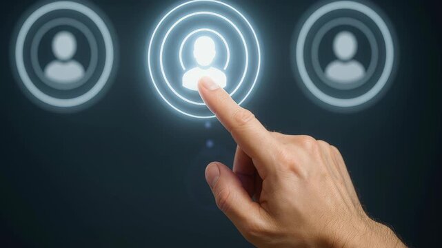 Selecting the Right Candidate: A hand selects a person icon in a glowing circle, representing a decisive moment in the hiring process, and symbolizes choosing and focusing on the ideal candidate.