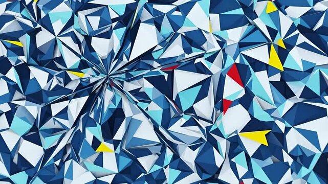 An abstract geometric design with vibrant blue and colorful triangular shapes.