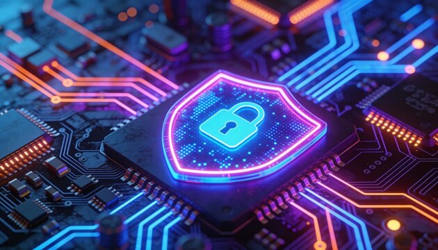 glowing holographic shield on a neon-lit circuit board with microchips and circuitry, evoking futuristic digital protection and a secure vigilant atmosphere - Powered by Adobe
