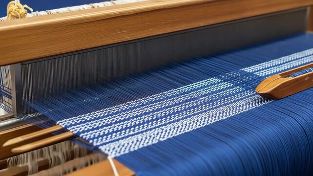 Close-up of a weaving loom with blue and white threads being woven together.