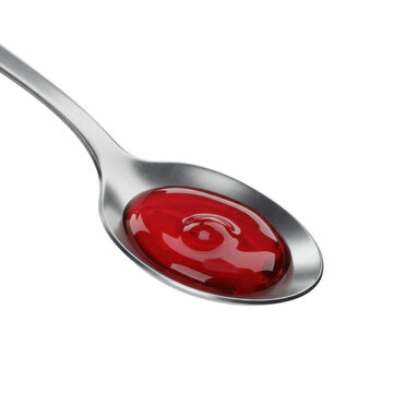 polished silver tablespoon filled with glossy, cherry-red liquid medication, tight meniscus, isolated on transparent studio background, extreme close-up, macro perspective. Concept of precise