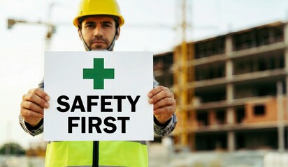 Construction worker emphasizes workplace safety by holding a 'safety first' sign on site