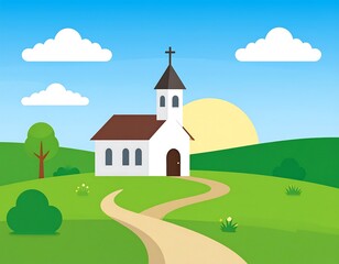 Naklejka premium Cartoon church on a hill with a path under fluffy clouds and bright blue sky with a bright sun background