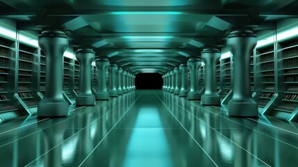 Futuristic Data Storage Room with Metallic Columns and Cool Blue Lighting
