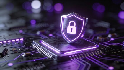 Futuristic security shield with padlock symbol glowing purple above circuit board, digital protection concept showing cyber security and data privacy in neon technology setting