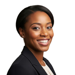 A headshot of a happy African American female manager with a bright smile on the far leftplain on a transparent background