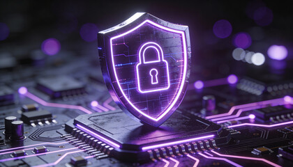 Futuristic security shield with padlock symbol glowing purple above circuit board, digital protection concept showing cyber security and data privacy in neon technology setting