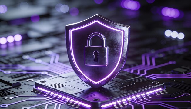 Futuristic security shield with padlock symbol glowing purple above circuit board, digital protection concept showing cyber security and data privacy in neon technology setting - Powered by Adobe