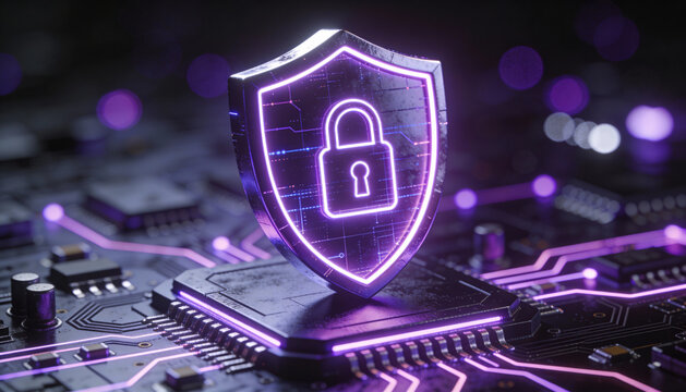Futuristic security shield with padlock symbol glowing purple above circuit board, digital protection concept showing cyber security and data privacy in neon technology setting - Powered by Adobe