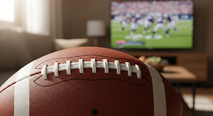 American Football Game Night: Image featuring a football in the foreground and a TV broadcasting a game in the background, perfect for sports-themed projects.