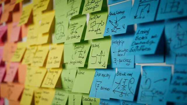 Close up of a white wall covered with colorful sticky notes filled with sketches, diagrams, and formulas in an office environment.