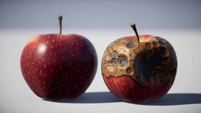 A fresh red apple with white spots next to a decaying, rotten apple on a light background contrasts health and decay.
