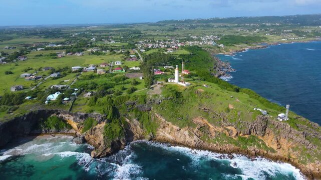 Ragged Point Lighthouse aerial view in historic village of Marley Vale, Saint Philip, Barbados. 
