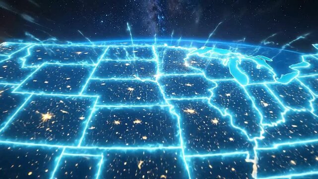 Aerial view of a glowing continental landmass at night, highlighting state boundaries.