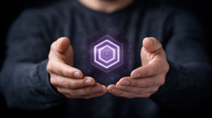 Glowing hexagon hands close up minimal abstract purple glowing hexagon floating between two open hands, minimal close up composition with dark background and soft lighting conveying wonder