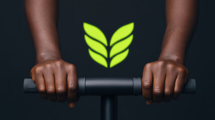 Dark skinned hands gripping electric scooter handlebar with glowing green leaf emblem above symbolizing eco friendly urban commute and sustainable mobility