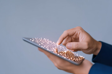 Finger touching tablet with glowing network connection overlay, touchscreen interaction, close up, minimal style, technology, hand gesture