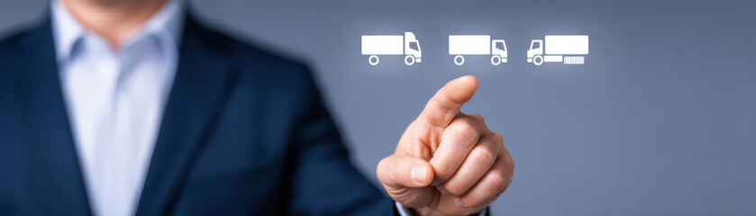 Businessman pointing at virtual truck representing logistics fleet management and delivery planning with modern technology and transport efficiency