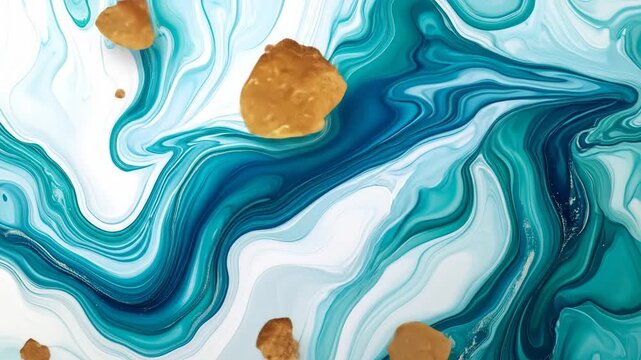 Crispy golden snack pieces float across a swirling blue and white abstract background.