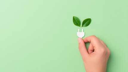 Eco plug leaf energy concept green renewable power hand holding small plug with leaf sprout symbolizing sustainable electricity and environmental care