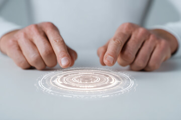Futuristic interface hand finger touchscreen hologram technology gesture circular display close up minimalism interaction digital control innovation white surface user interface design fingertip