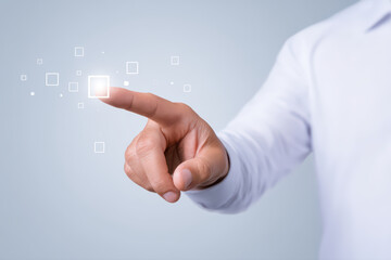 Man pointing finger touching glowing square hologram interface, hand gesture selecting virtual button with minimal style, close up interaction with digital icon