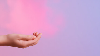 Soft feminine hand palm up offering gentle guided breathing gesture with pastel pink and purple gradient background conveying calm and mindfulness