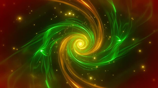 Swirling green and orange light beams spiral into glowing vortex with fluid motion, surrounded by particles and nebula haze, evoking cosmic energy and transformation. Abstract sci-fi concept