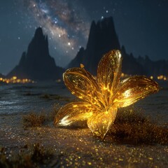 Glowing Golden Lily In Desert At Night
