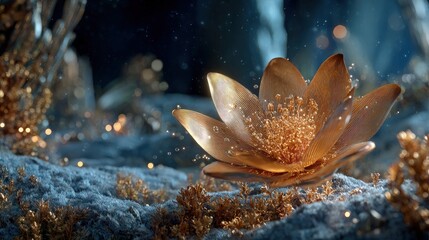 Glowing Golden Flower Ornament In Dark Setting