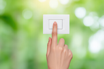 Finger pressing light switch in minimalist interior with soft natural green bokeh background conveying calm and eco friendly mood