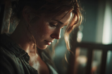 Distressed mother by baby's crib, postpartum depression concept. Design for healthcare, poster, support group