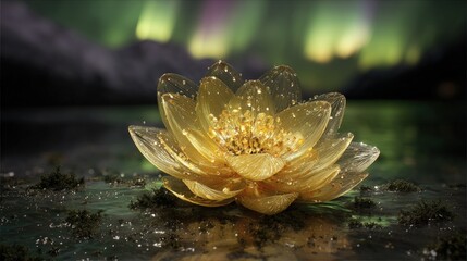 Golden Lotus Flower With Sparkling Water Droplets