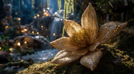 Golden Glittering Lotus Flower In Fantasy Garden Setting