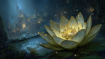 Golden Lotus Flower In Dark Mystical Night Scene