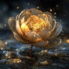 Golden Glowing Flower In Dark Water