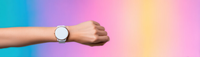 Wristwatch hand wrist smartwatch minimal close up wearable timepiece white strap pastel background