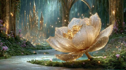 Golden Crystal Flower In Fairy Tale Forest