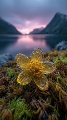 Golden Crystal Flower By Mountain Lake At Sunrise