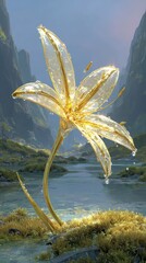 Golden Crystal Lily Flower By Mountain River