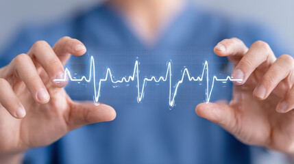 Medical heartbeat waveform hands holding virtual cardiology display, heart rate monitor, pulse line, medical professional, stethoscope concept